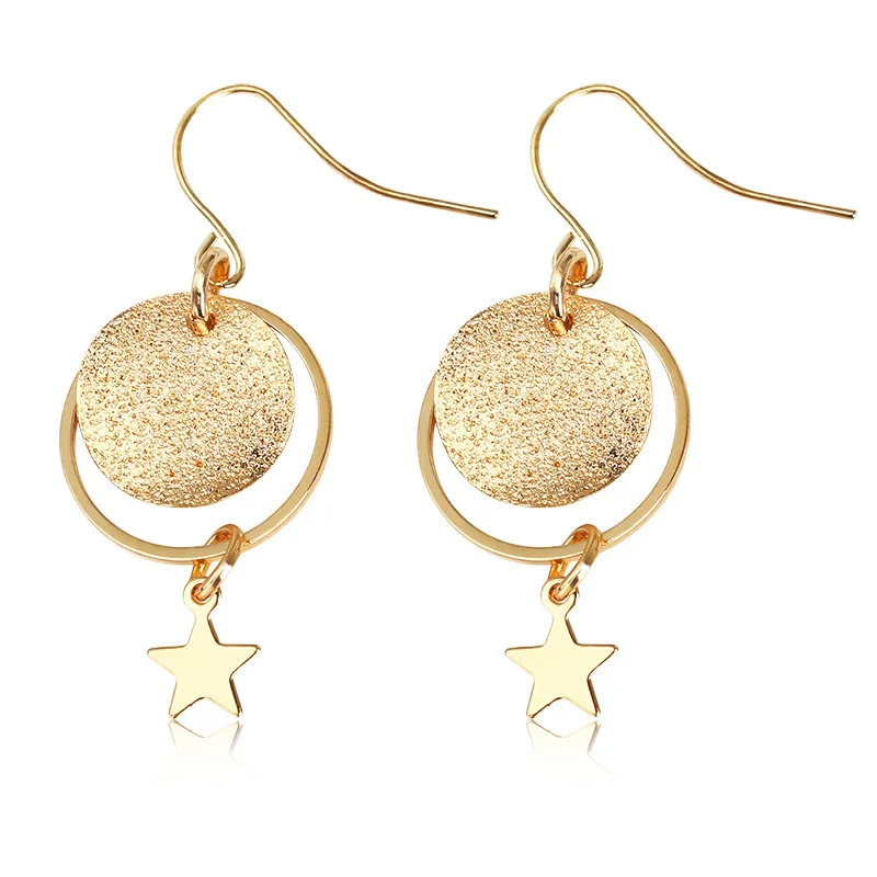 

Round Matte Frosted Slice Hoop Circle Star Golden Clip & Hook Women Metallic Dangle Earrings Drop Earrings