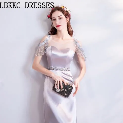 

Женское вечернее платье-русалка, Элегантное Атласное Платье серебристо-серого цвета с открытой спиной, лето 2019