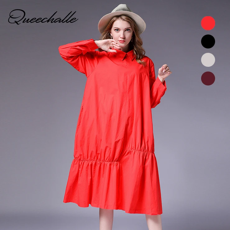 Queechalle XL 4XL Plus Size Mid Long Shirt Dress Autumn Solid Sleeve Loose A line for Women Gray Mulberry Red Black|Женские платья| |