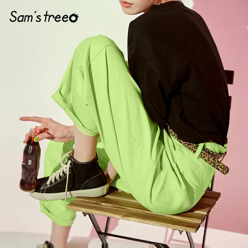 Samstree, хлопковые неоновые зеленые повседневные женские брюки, мода, летние брюки карго со средней талией, офисные женские белые брюки