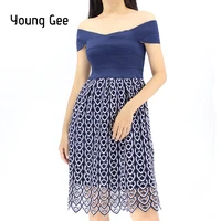 young gee sexy off shoulder women crochet lace dress slim bodycon blue bandage patchwork elastic party dresses vestidos robe