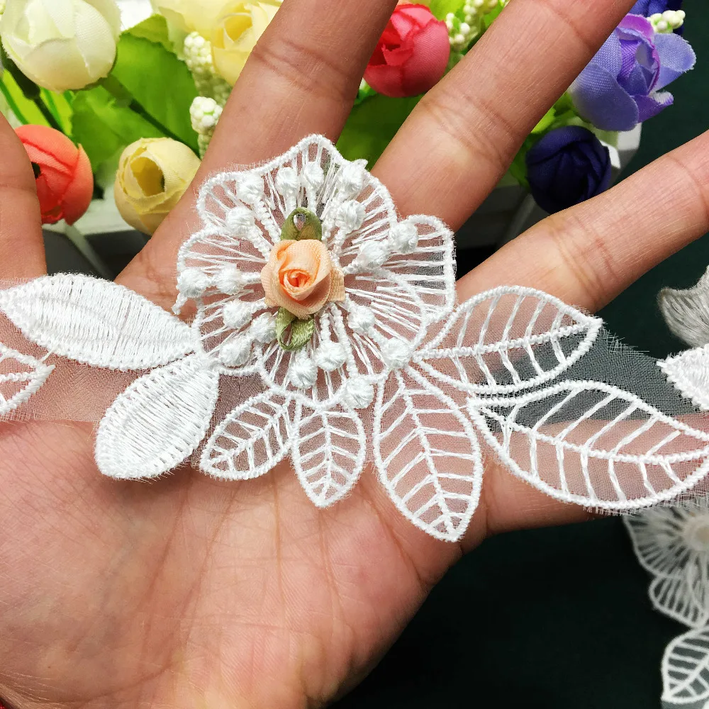 2 ярда Белый 3D полиэфирный жемчуг роза вышитая кружевная отделка Искусственная