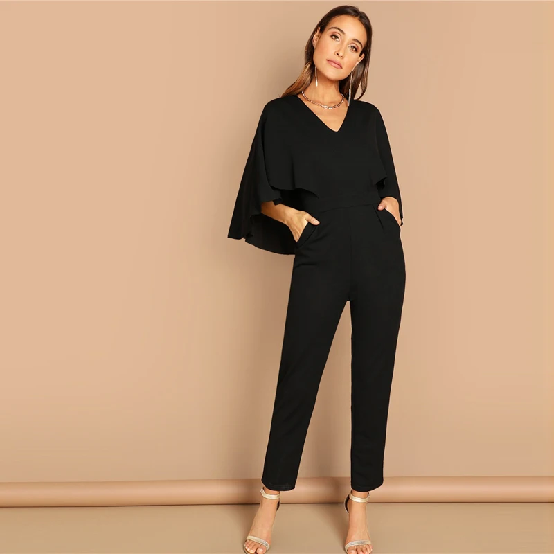 SHEIN Однотонный Комбинезон-Пончо С V-Образным Вырезом Женский Черный Осенний Элегантный Комбинезон С Высокой Талией