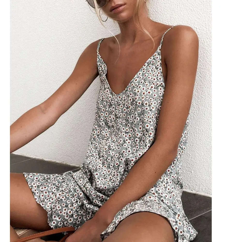 Bohemian Casual Print Floral A-Line Mini Dress Women Clothes 2019 Spaghetti Strap Summer High Waist Ruffle Dresses | Женская одежда