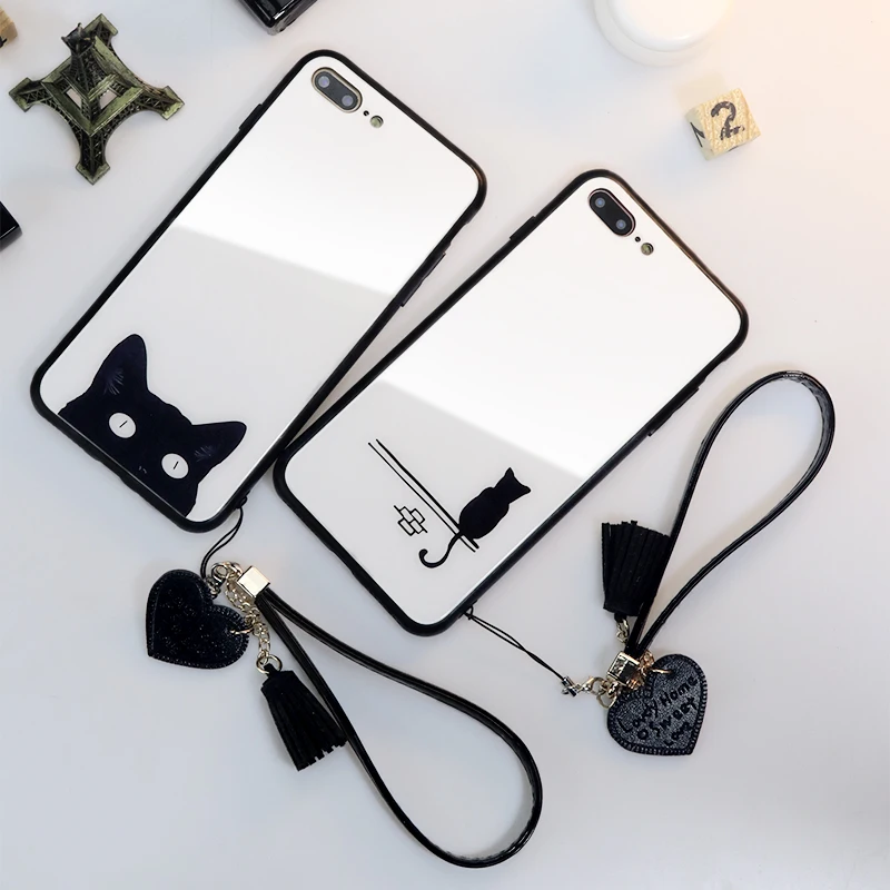 

BONVAN Tempered Glass Hard Case For iPhone X XR XS Max Cover For iPhone 6 6S 7 8 Plus Cat Love Heart Tassel lanyard phone Cases