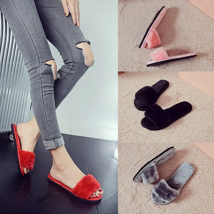 Дамские тапочки zapatos mujer женские слипоны ползунки пушистого искусственного меха