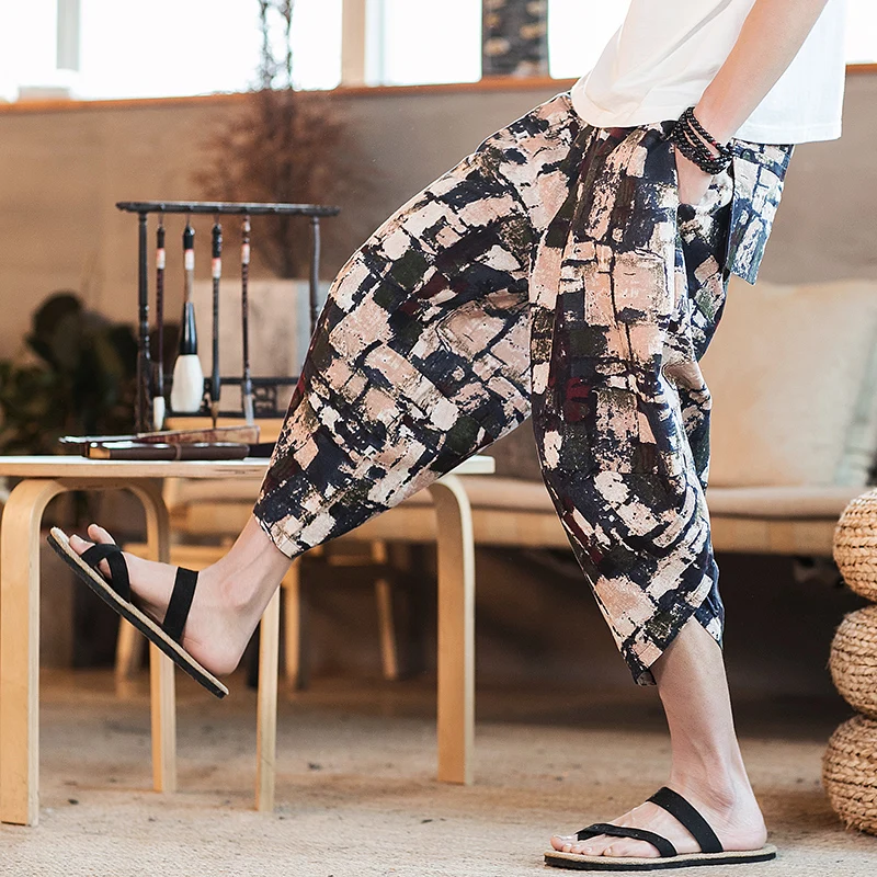 2021 New Chinese Style Mens Cotton Linen Pants Male Summer Casual Calf-Length Man Pattern Print Baggy Loose Trousers | Мужская одежда