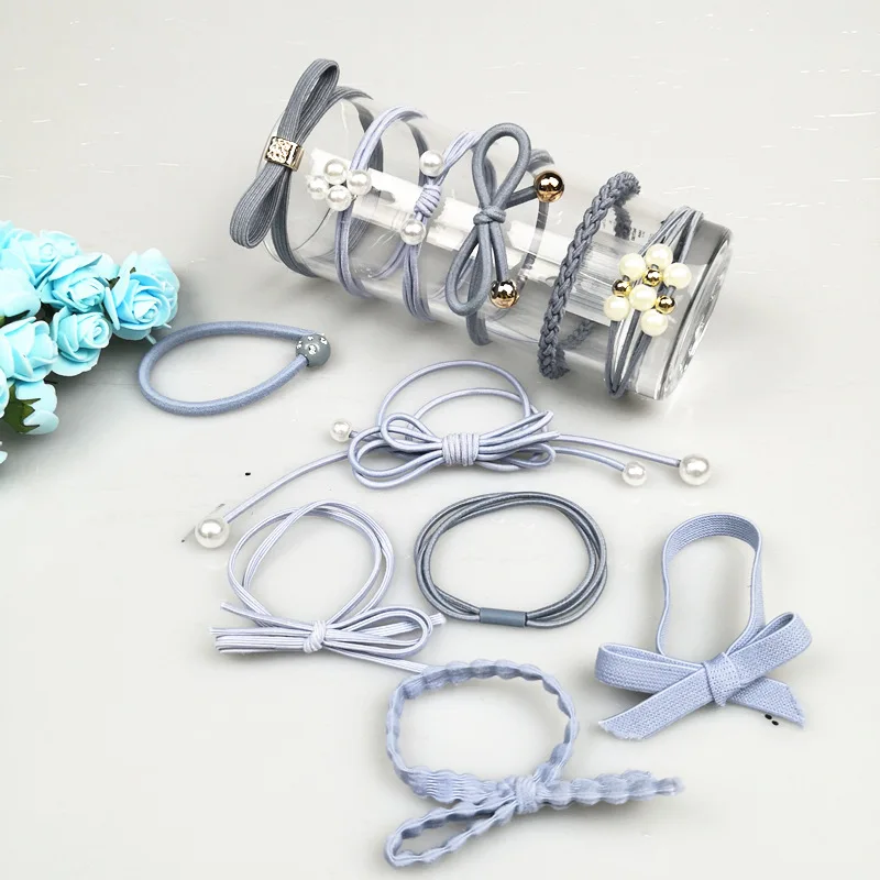 

Hair Accessories Pearl Elastic Rubber Bands Ring Bright Blue Pearl thread flower ponytail hair rope 12PCS 5CM with receive box