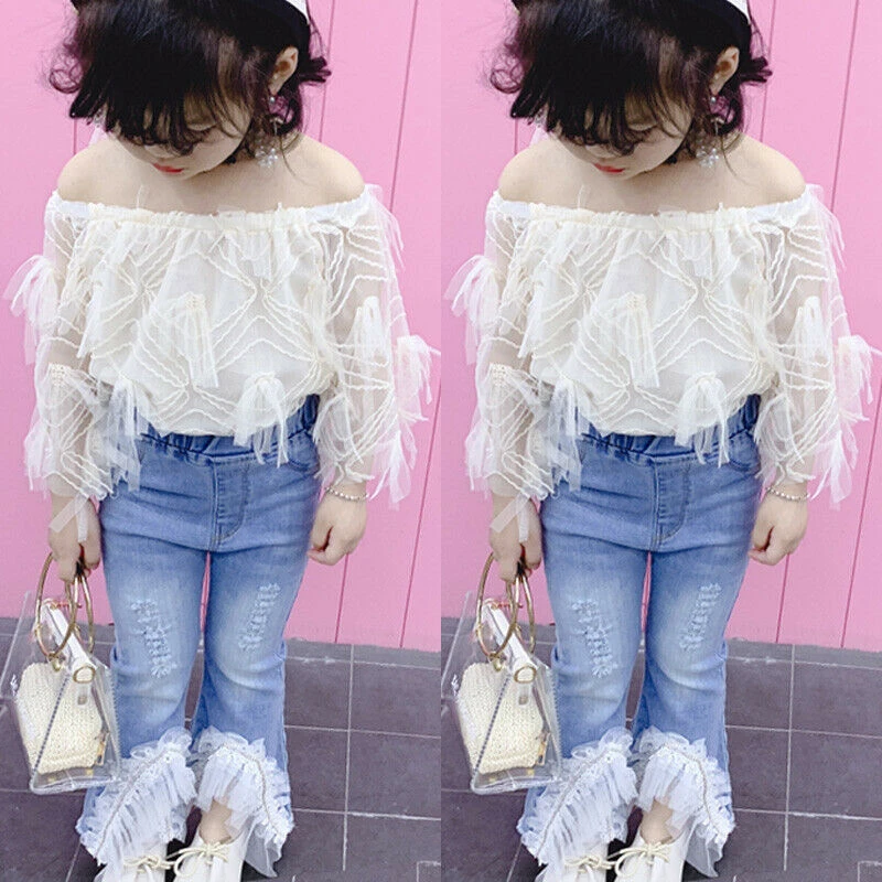 Комплект одежды для маленьких девочек кружевная футболка с открытыми плечами