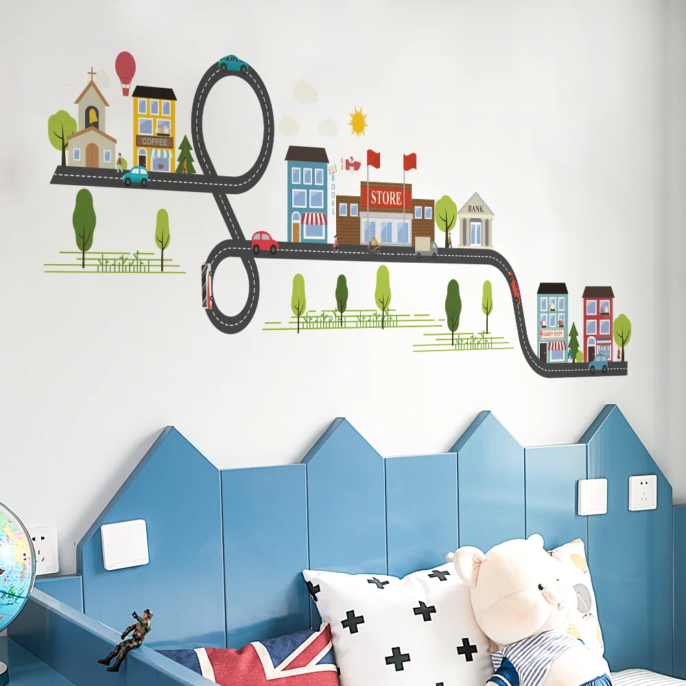 Diy Road Building Creative Stitching Combination Wall Sticker Dicor Brand Stickers For Kids Rooms Cars Tree Gift | Дом и сад