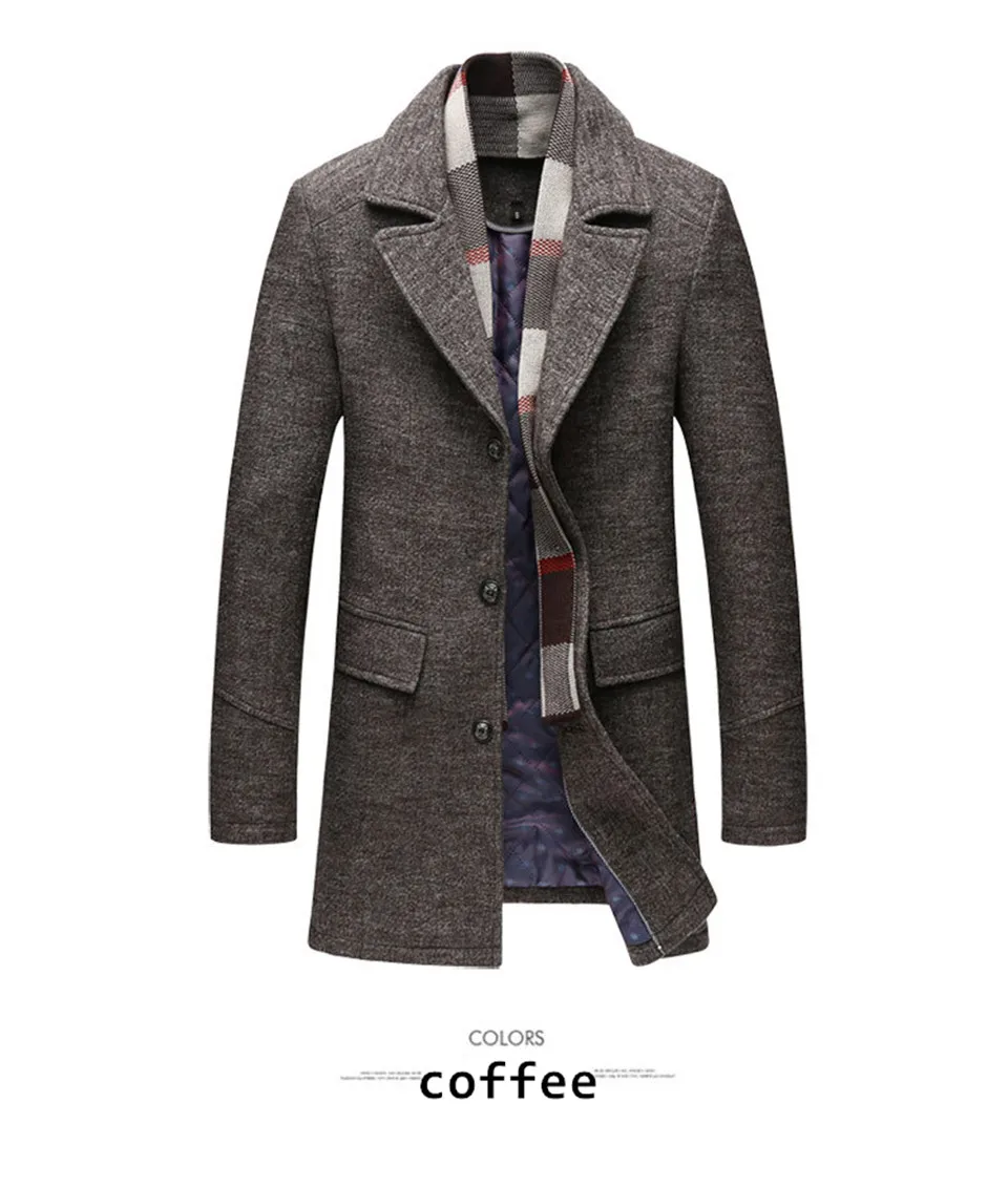 NEW Men Winter Warm Trench Woolen Coat Slim Fit Casual Reefer Jackets Solid Stand Collar Single Breasted Peacoat parka