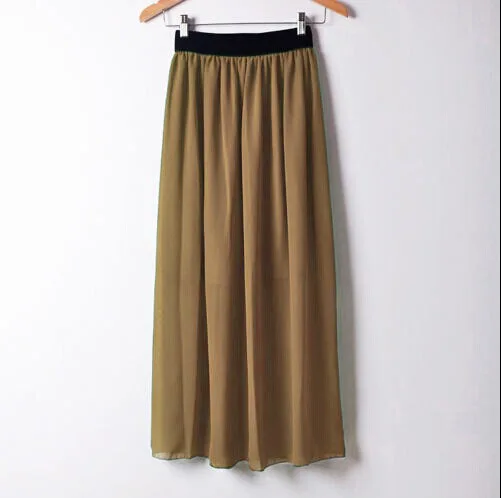 2015 Summer style Fashion Pleated Maxi Skirt Chiffon Long skirts womens Candy Color High Waist for women | Женская одежда