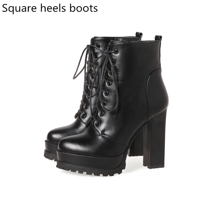 black 1 square heels MORAZORA/Модная обувь женские ботинки на платформе Демисезонные ботильоны для женщин наивысшего качества на высоком каблуке Большие размеры 34-43 - Цвет: black 1 square heels