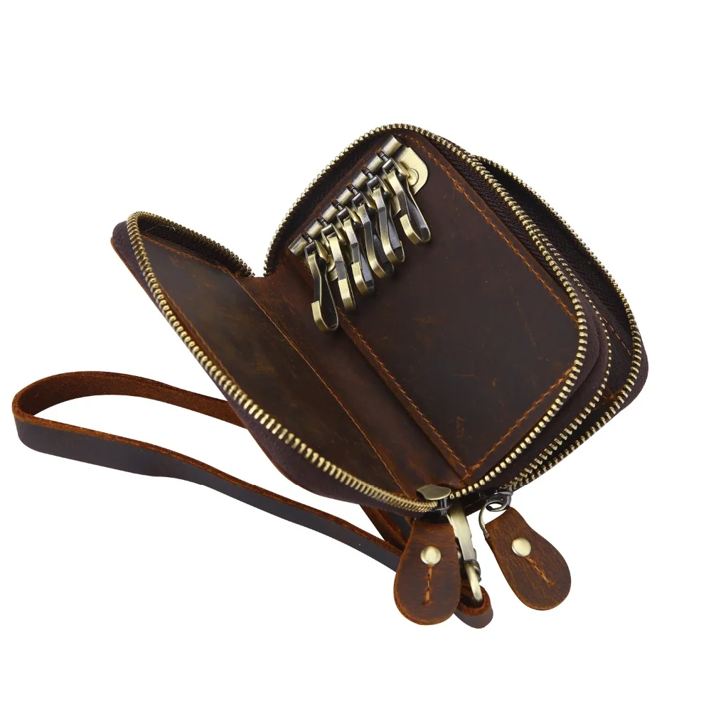 Vintage Genuine Leather Smart Key Coin Pack Metal Hook Chain Zipper Bag Car Holder | Багаж и сумки