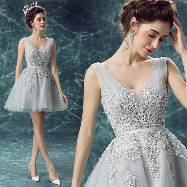 

2016 new arrival stock maternity plus size bridal gown evening dress short lace sexy v neck grey silver 0247