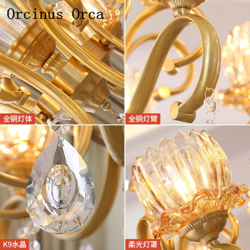 

European style retro luxury crystal chandelier living room and bedroom restaurant American copper gold glass chandelier