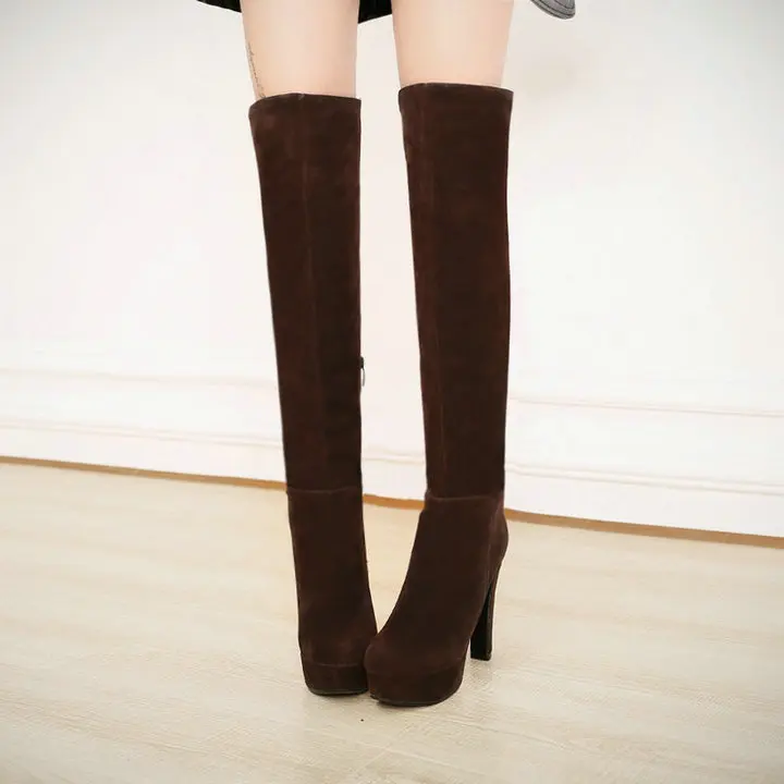 Women Faux Suede Side Zipper Thick High Heel Knee High Boots Warm Winter Platform Shoes Black Yellow Brown