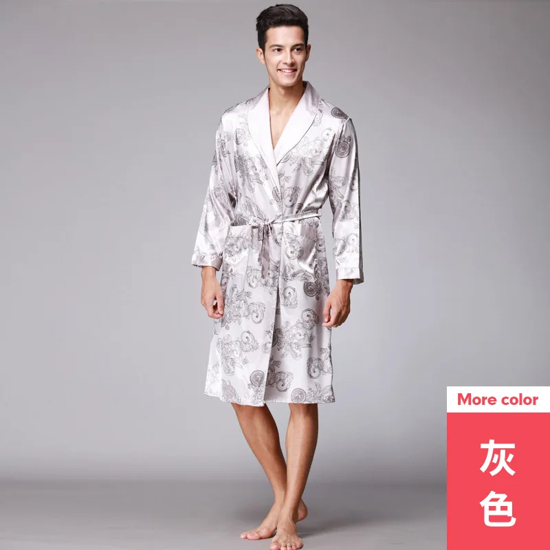 SWYIVY Men's Long Sleeved Bathrobe Silk Pajamas Long Print Home Service Couple Nightgown Spring And Autumn New