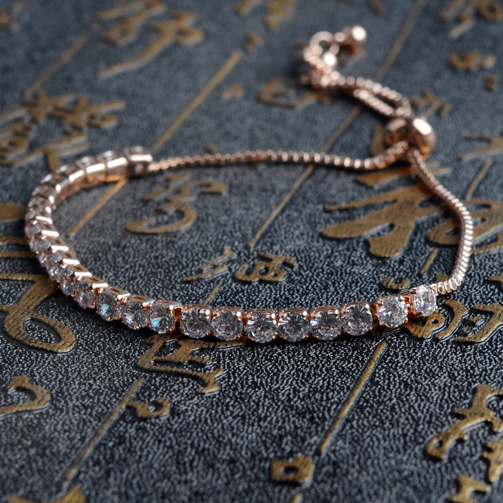 Hibride Jewelry New Design AAA Cubic Zircon Tennis Bracelets, Gold-Color Adjustable Chain Women Bangles