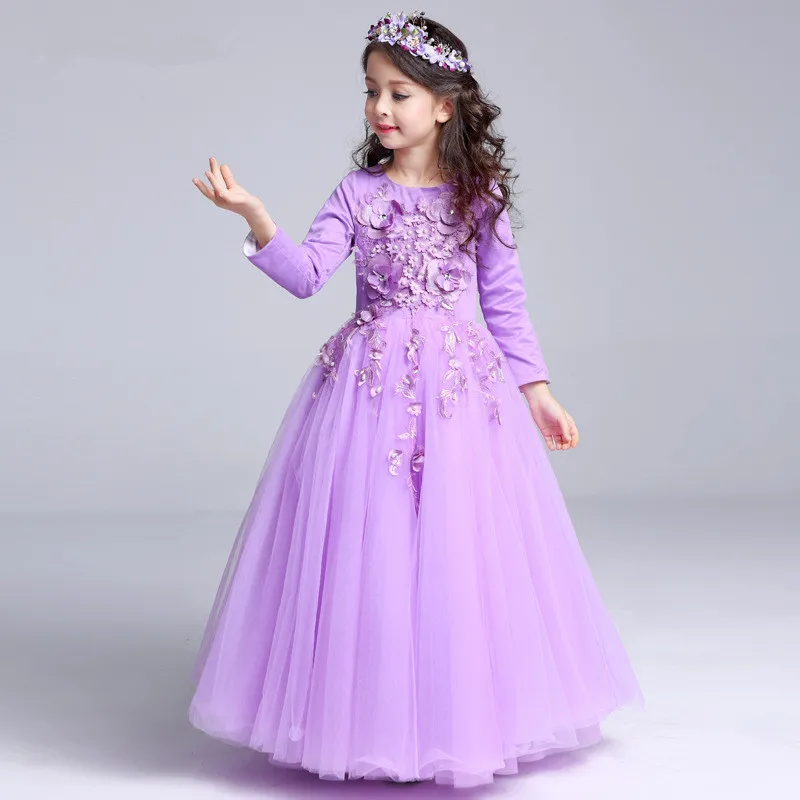 Purple Long Flower Girls Dress European Fancy Girl Princess Costume 2020 Clothes For 4 6 8 10 12 14 Years RKF175001 | Детская одежда и
