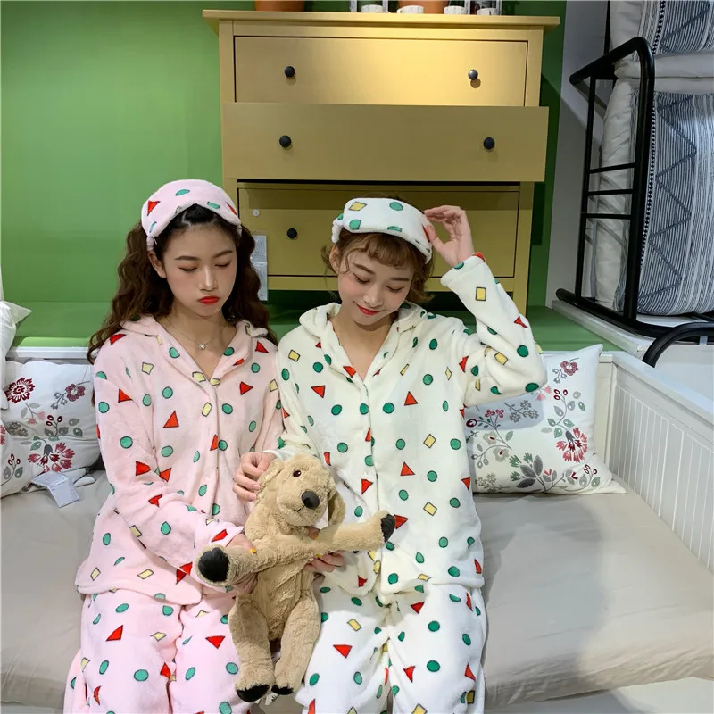 Пижамные комплекты для женщин с геометрическим принтом Kawaii, зимняя теплая фланелевая Женская домашняя одежда с длинным рукавом, комплект из двух предметов, милая Пижама, Новинка