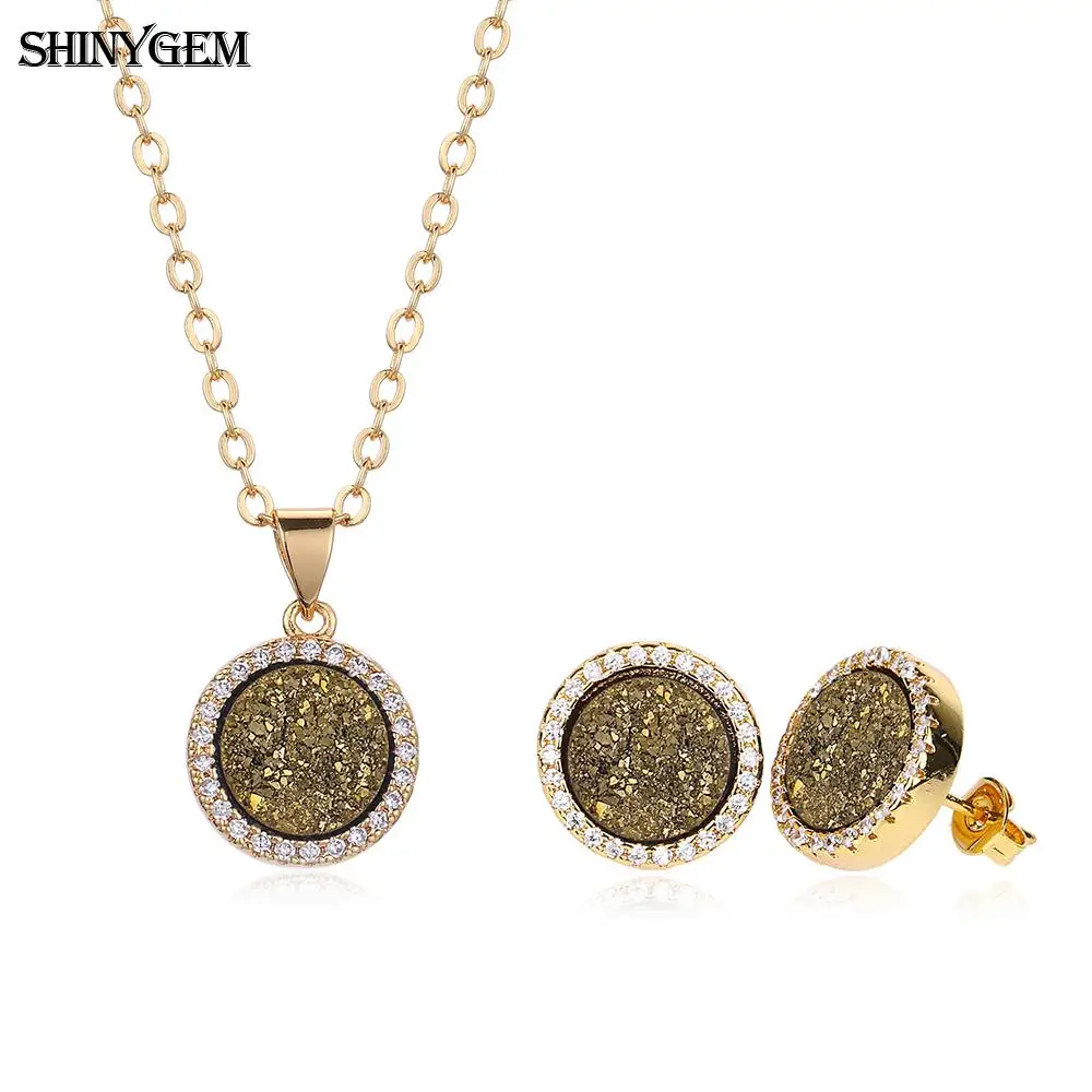 ShinyGem Noble Druzy Earrings Necklace Set Gold Color Round Zircon Party Jewelry Crystal Natural Stone For Women | Украшения и