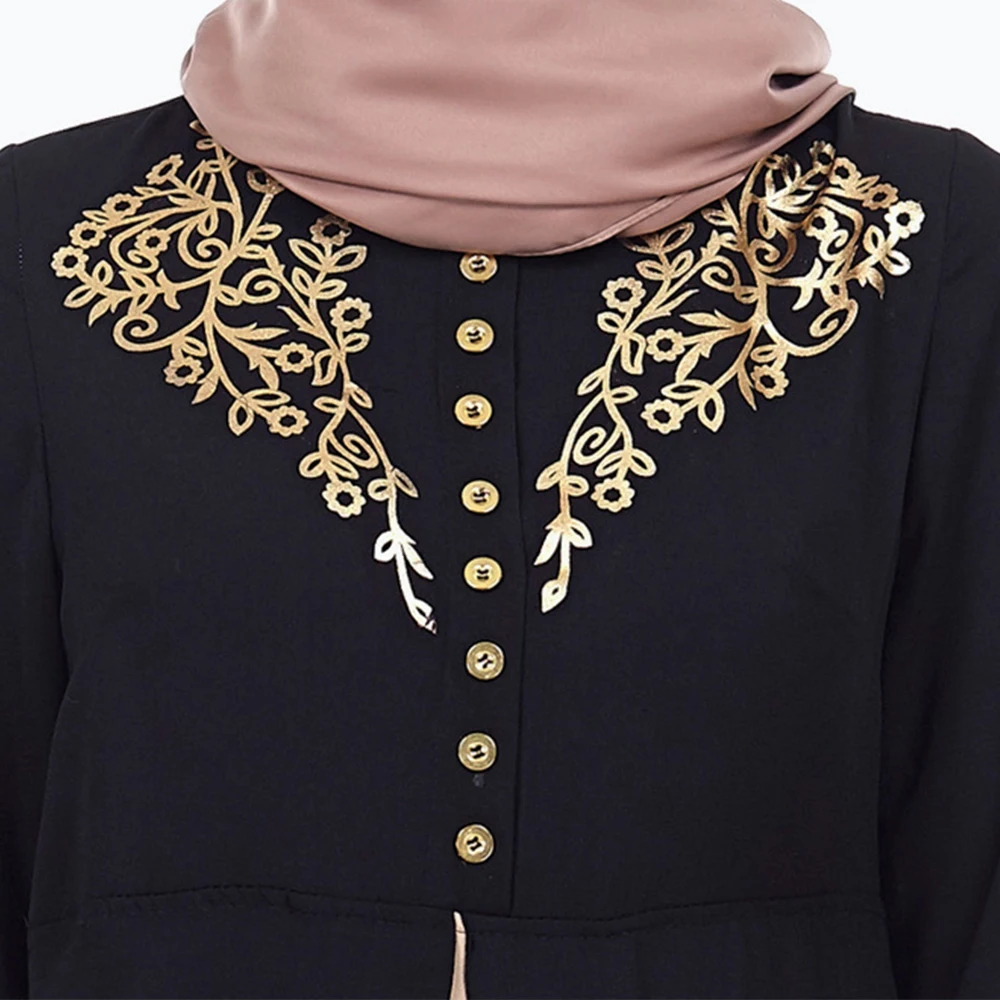 Мусульманское платье Abaya в Дубае черное однотонное с золотым принтом вечернее