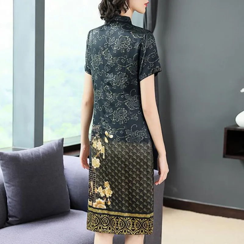 Mulberry Silk Dress Women 2019 Summer New Your Waist Cover Belly Improved Cheongsam Temperament Vestido Plus Size 5XL | Женская одежда