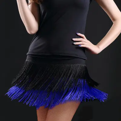 black with blue Горячая Распродажа, модная сексуальная танцевальная юбка для взрослых девушек, Женская юбка для латинских танцев с двойной кисточкой, юбки с бахромой, 8 цветов - Цвет: black with blue