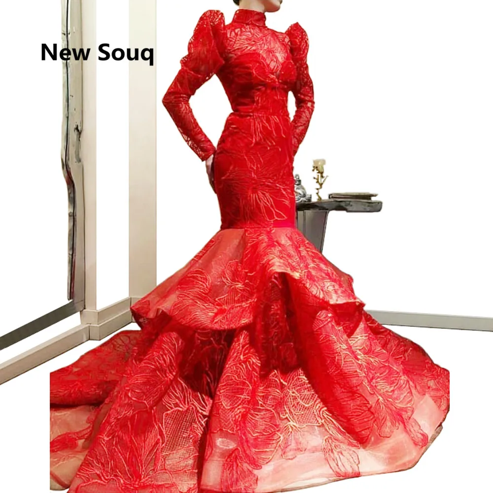 2019 Red Long Sleeves Meramid Evening Dresses High Neck Lace Dubai Muslim Prom Dress vestido de festa | Свадьбы и торжества