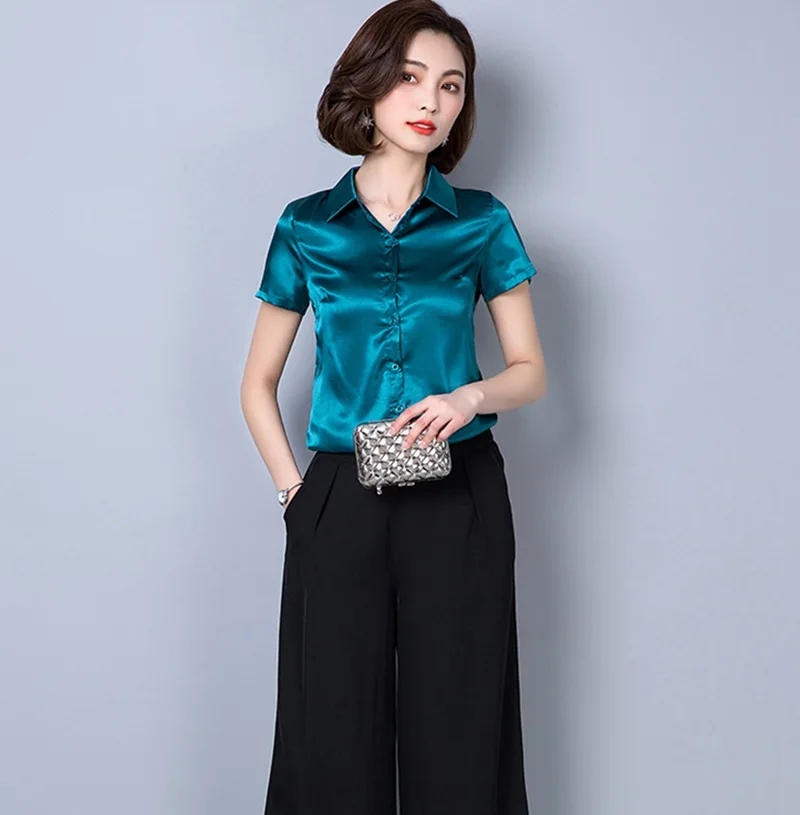 Green short sleeve Новинка, женская шелковая атласная блузка, на пуговицах, с отворотом, с длинным рукавом, рубашки для девушек, для офиса, для работы, элегантные женские топы, высокое качество, блузки 3XL - Цвет: Green short sleeve