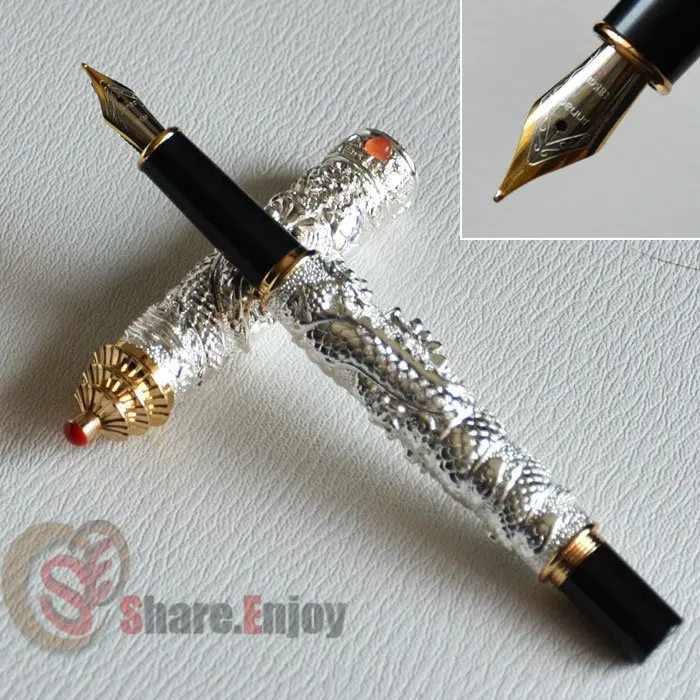 Перьевая ручка 18KGP Средний наконечник JINHAO Серебро Два дракона ИГРАТЬ жемчуг