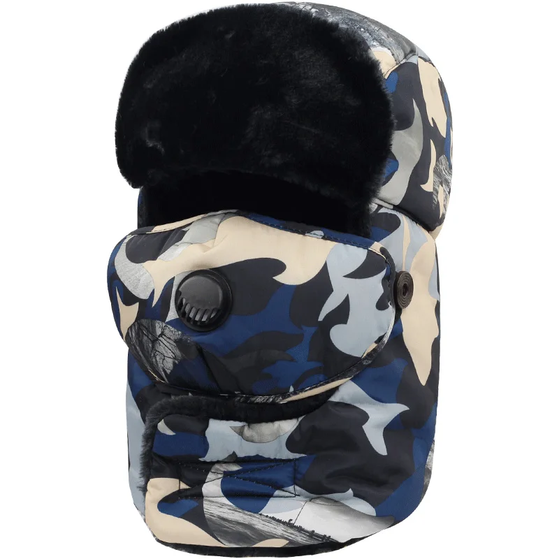 Blue Camouflage Зимние камуфляжные шапки-ушанки для мужчин и женщин, камуфляжная теплая шапка для ловли, камуфлирующая шапка для сноуборда, катания на лыжах с ветрозащитной маской - Цвет: Blue Camouflage