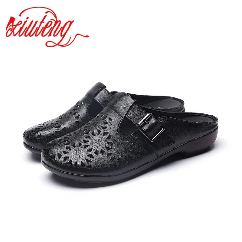 

Xiuteng National style Sweet Comfort Muffin Thick-bottom Light Non-slip Baotou Genuine Leather Manual Half Hollow Slippers