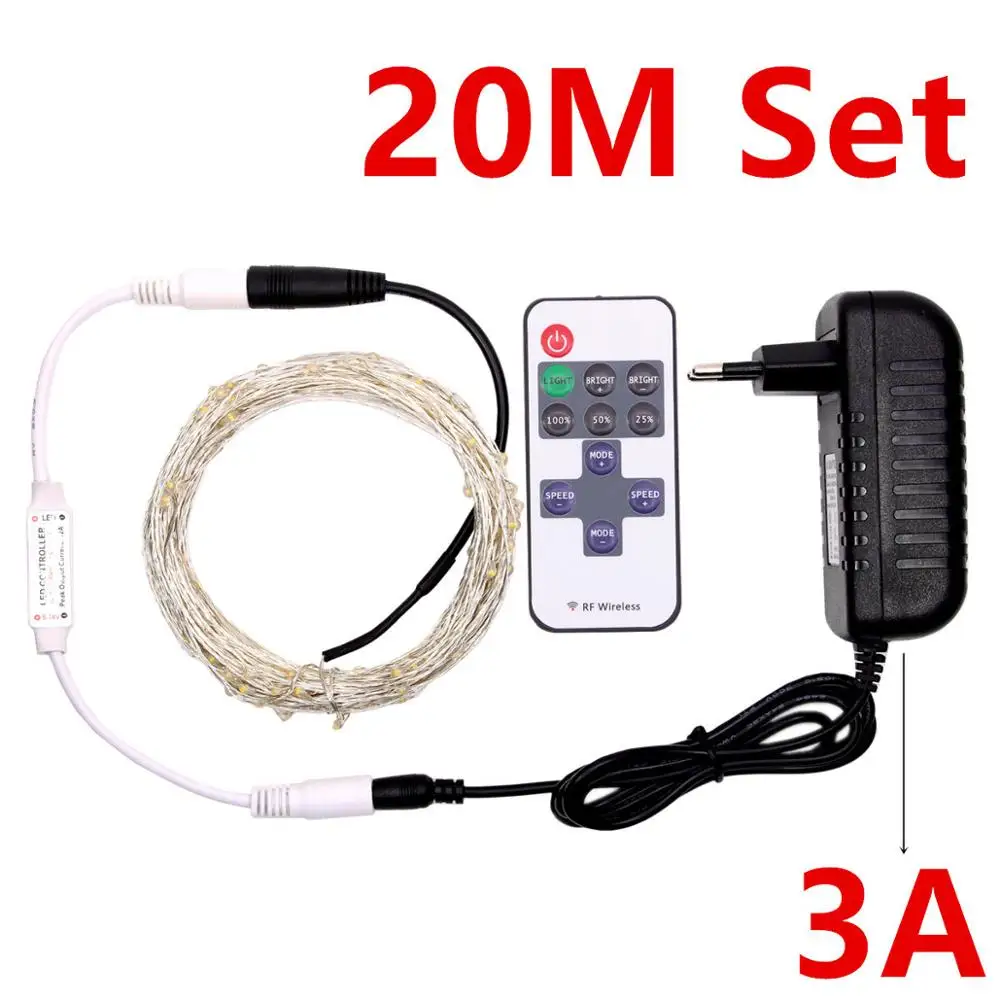 20M with 3A Set DC12V Светодиодный светильник-гирлянда 100 м 80 м 60 м 50 м 40 м 30 м 20 м 10 м 5 м серебряная проволока сказочное рождественское праздничное украшение с питанием и пультом дистанционного управления - Испускаемый цвет: 20M with 3A Set