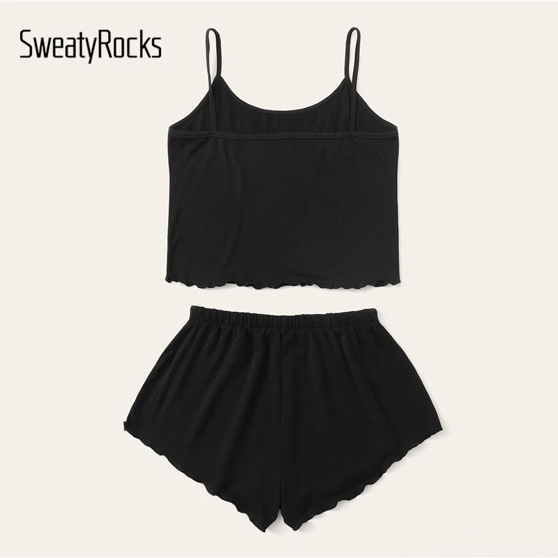 SweatyRocks, пижамный комплект с буквенным принтом, подол салата, каваи, пижама без рукавов, женские короткие комплекты, летние повседневные Черные пижамные комплекты
