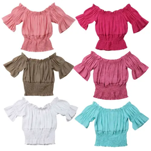 2019 футболка для маленьких девочек топ с буфами открытыми плечами и оборками на