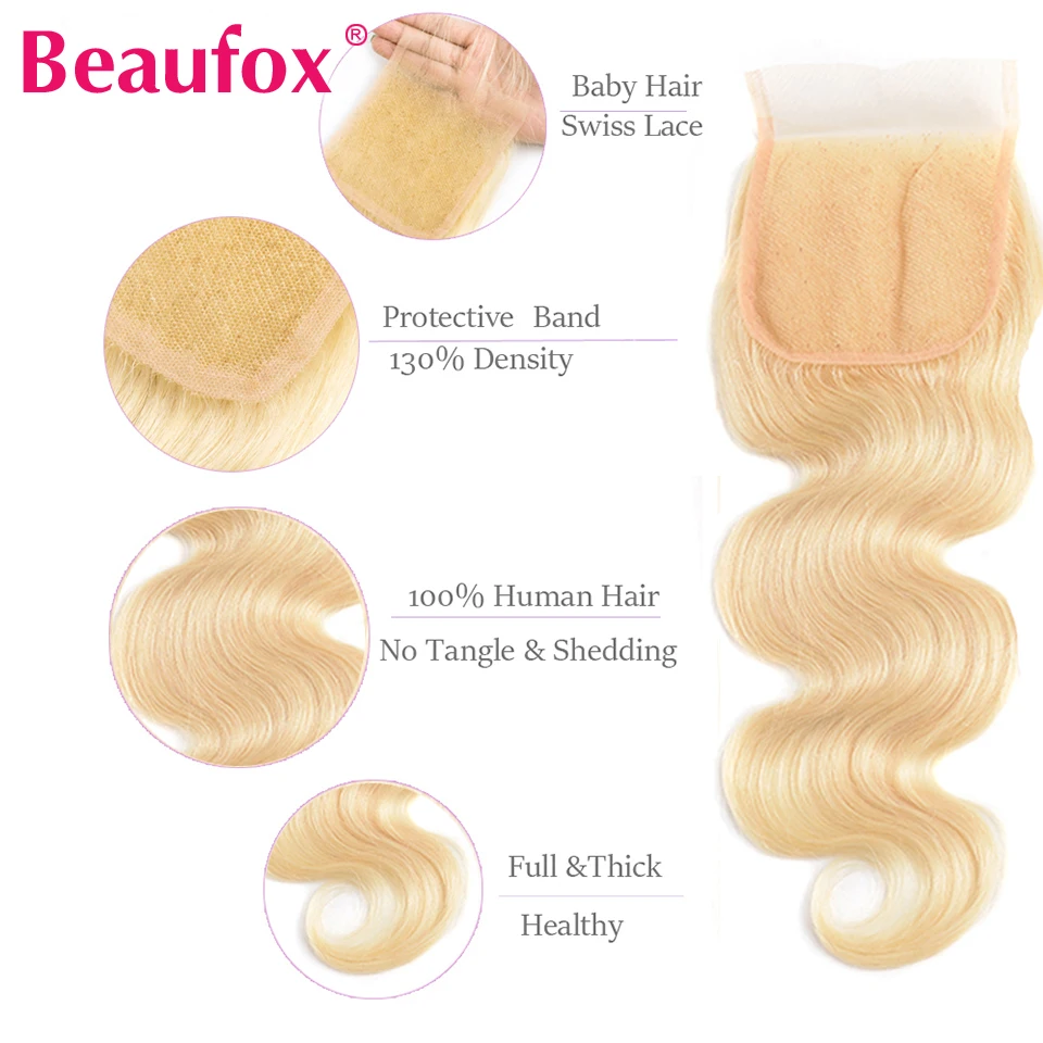 Beaufox 613 блонд 4 пучка с закрытием перуанские волнистые человеческие волосы Remy