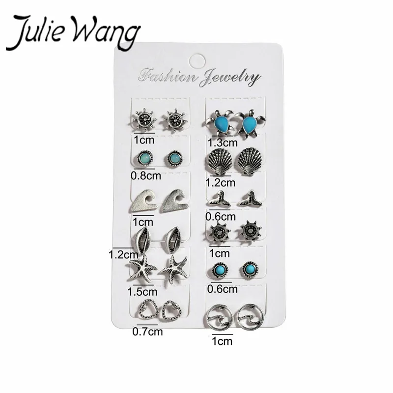 Julie Wang 12 pair Bohemian Style Shell Wave Sea Turtle Sweet Cute Shape Aquarium Souvenir Ocean Party Theme Starfish Earrings | Украшения