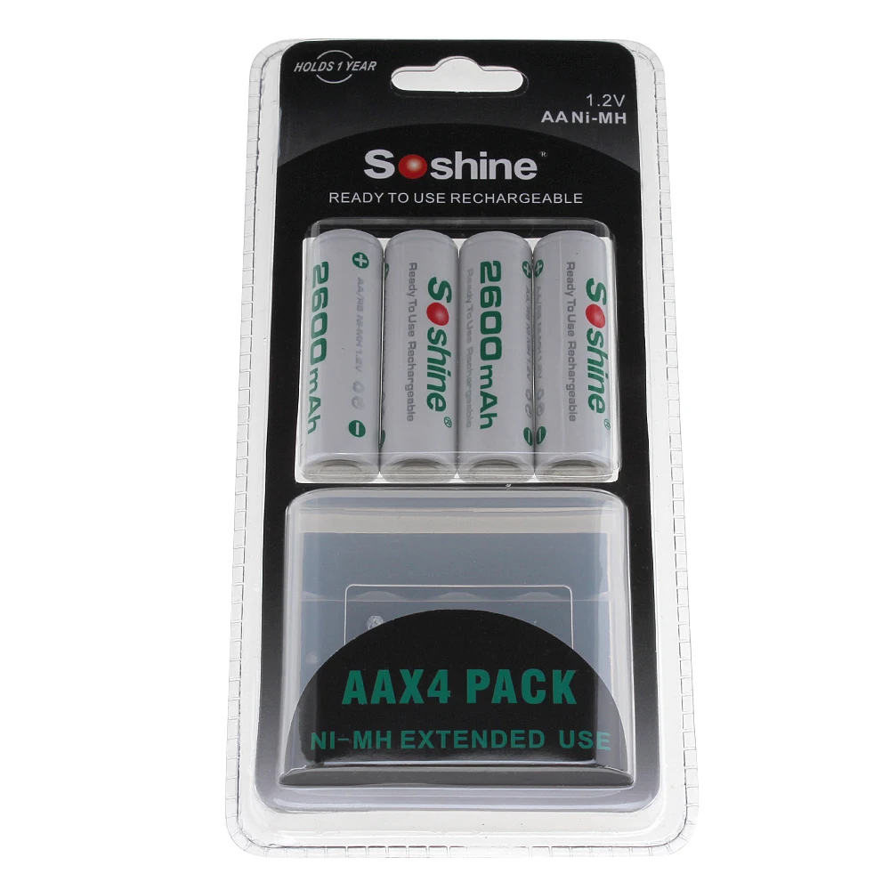 4 шт./лот Soshine 1 2 V 2600mAh AA Аккумуляторная батарея Ni-MH NiMH с низким саморазрядом +