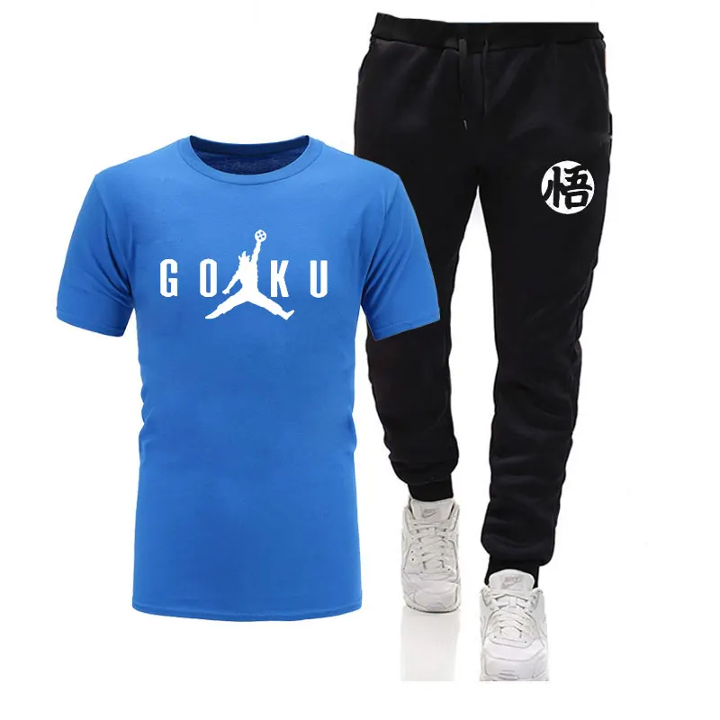 blue black Лето, Dragon Ball Z, мужские футболки+ штаны, 2 предмета,, хлопок, удобная футболка с коротким рукавом, мужские повседневные топы и штаны - Цвет: blue black