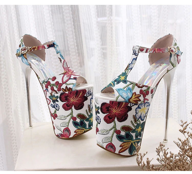 LLXF zapatos/Большие размеры: 34-42, 43, Летние Босоножки с открытым носком и цветочным принтом пикантные туфли на тонком высоком каблуке 20 см для ночного клуба женские туфли-лодочки на шпильке