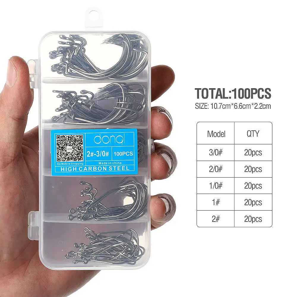 Silver 100pcs DONQL 50/100 шт. с высоким содержанием углерода Сталь бронзовых морских рыболовных крючков рукоятка джига большие крючки на окуня с зазубринами для Мягкая приманка рыболовные снасти крючок для ловли карпа, комплект - Цвет: Silver 100pcs