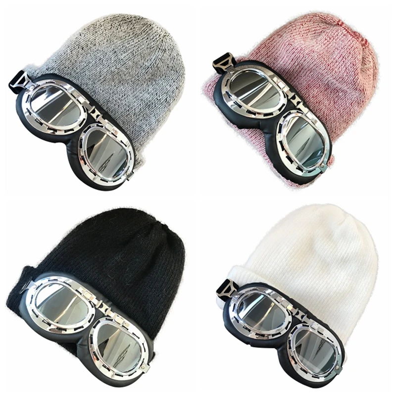 SYi Qarce однотонная зимняя вязаная шапка Авиатор с очками Skullies Beanies, шапка для женщин и мужчин, шапка для катания на лыжах, NM563-66