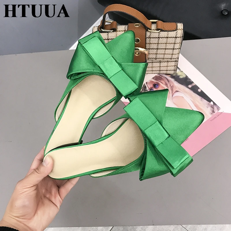 HTUUA/брендовые атласные тапочки с большим бантом женские туфли без задника на