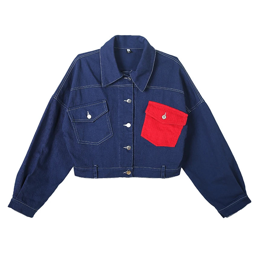 New Arrival Women Contrast Color Denim Jacket Full Batwing Sleeve Turn-down Collar Corduroy Patchwork Loose Short Jean Coat C946 | Женская