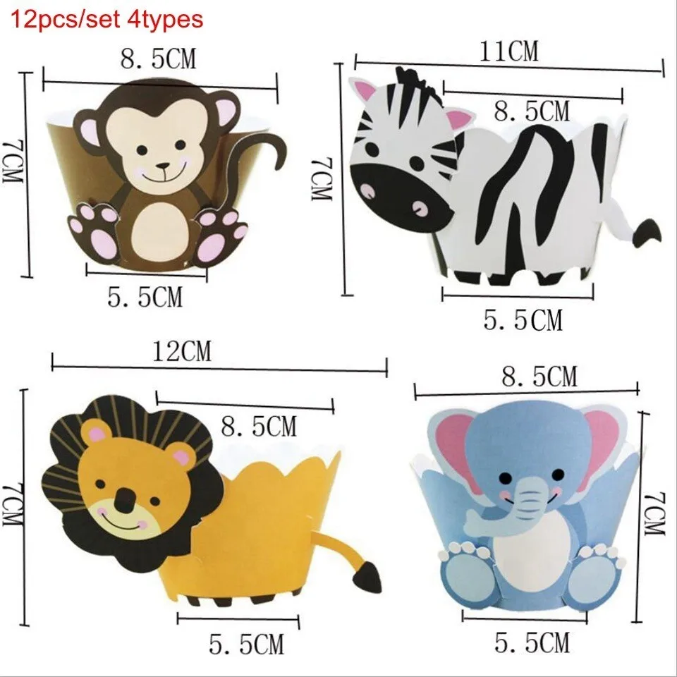 12pcs 4types animals 1 Набор джунгли вечерние посуда в виде животных зеленый номер воздушные Шары кекс топперы с днем рождения баннер детский душ для вечеринки в стиле сафари поставки - Цвет: 12pcs 4types animals