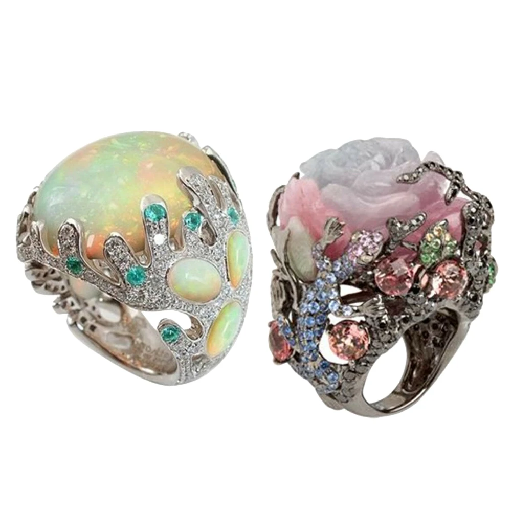 Hot Women Multicolor Big Oval Faux Moonstone Carved Flowers Finger Ring Jewelry Gift | Украшения и аксессуары