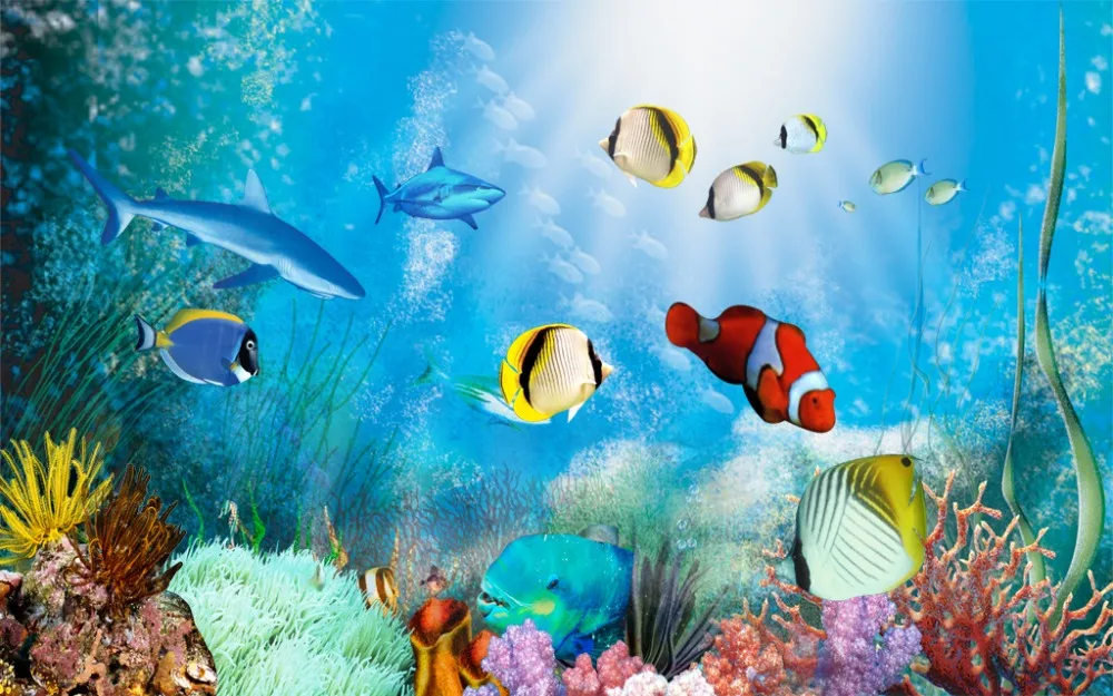 

Home Curtains European Curtains underwater world fish blue 3D Sheer Curtain For Living room Bedroom Curtains