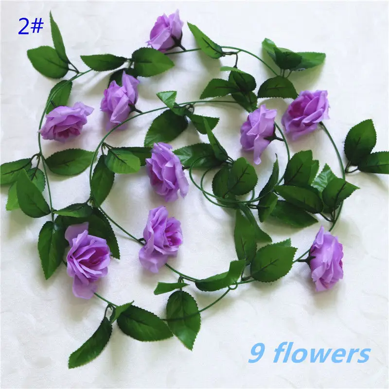 2Light Purple-9flowe 1pcs/lot 230-250cm Artificial Flowers Silk Roses Ivy Vine diy with Green Leaves Fake leaf artificial flowers for home decoration - Цвет: 2Light Purple-9flowe
